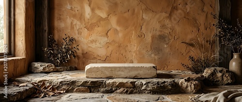 Stone Podium for Product Display in a Rustic Mediterranean Earthy Interior