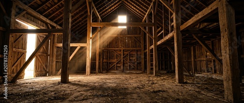 Sunlight streaming through window of old rustic wooden barn interior