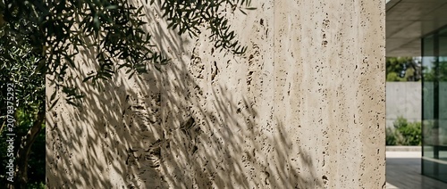 Textured travertine stone wall with olive tree branch shadows