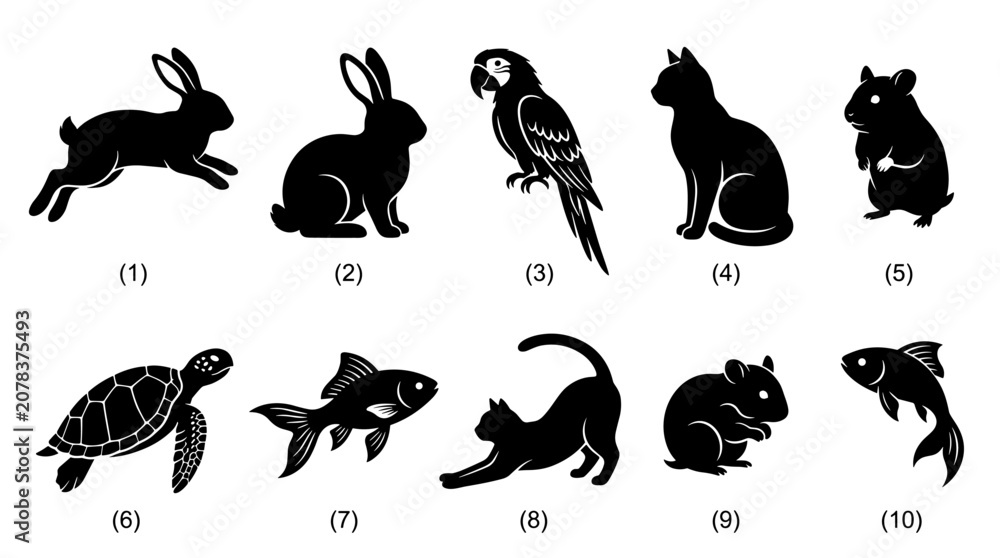 Fototapeta premium Collection of Black Silhouettes of Various Animals Including Rabbit Cat Parrot Fish Turtle and Hamster