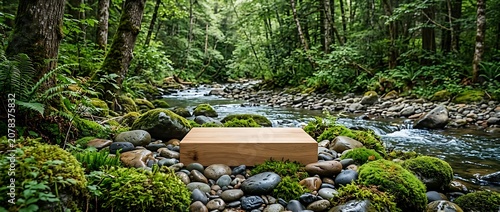 Wooden product podium on a mossy riverbank in a lush green forest