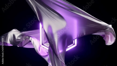 Glowing Hexagon Frame Surrounded by Floating Lavender Silk in Digital Background