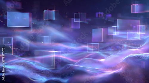 Abstract digital cubes and glowing waves in purple and blue.