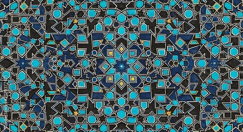 Geometric pattern displays intricate blue and black mosaic tile art.