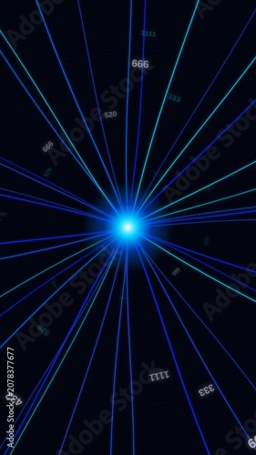 Abstract blue cyan lines radiating central glowing point with rotating numbers, for data flow, network connections, digital information, technological advancement in futuristic context