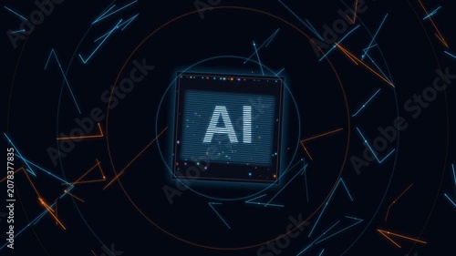 Artificial intelligence chip with glowing lines particles rotating on dark background, for advanced technology, data processing, machine learning, future innovation