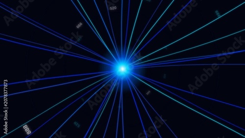 Bright blue light source radiating numerous vibrant lines rotating numerical data, for global connectivity, digital information flow, futuristic technological communication