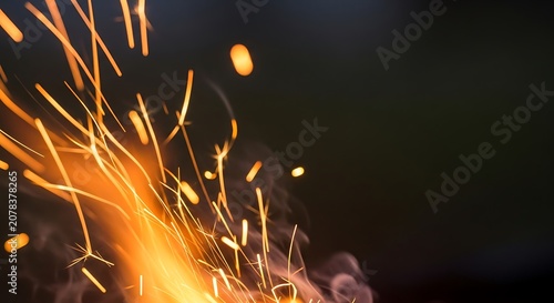 Sparkles fly from a burning fire against a dark background space.