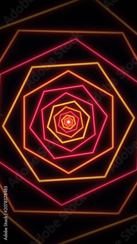 Dynamic neon hexagon tunnel rotating zooming with vibrant red orange glowing lines, for abstract technology, futuristic pathways, digital connections, energetic motion graphics