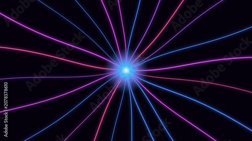 Dynamic neon light rays in vibrant pink blue colors radiating central glowing core, for digital data flow, technological connection, futuristic innovation