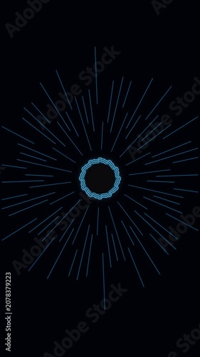 Vibrant abstract animation central glowing ring emitting energetic radial lines that shift colors, for digital data transfer, technological progress, dynamic motion