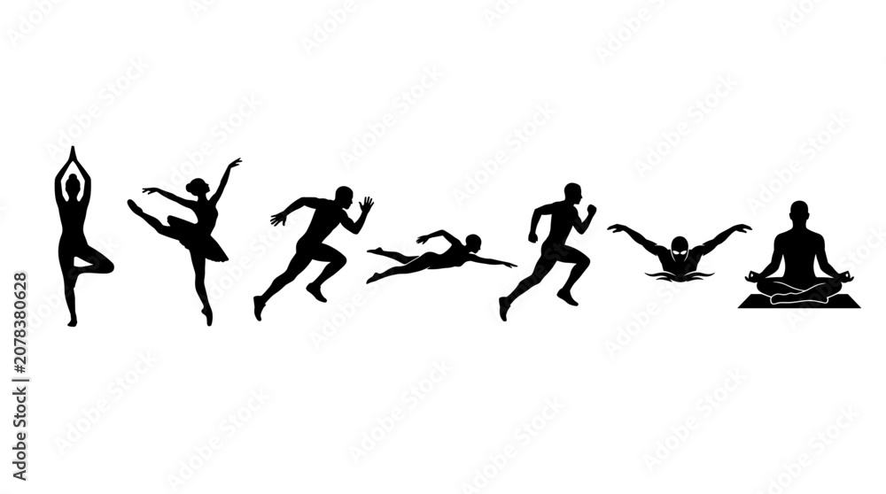 Fototapeta premium Diverse human silhouettes showcasing various sports and wellness activities like yoga, ballet, running, swimming, and meditation