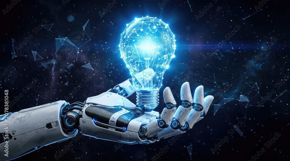 Fototapeta premium Futuristic robotic hand holding a glowing blue digital light bulb made of complex network connections