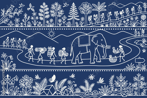 Konstfotografi Traditional Warli tribal style illustration of villagers trekking through a fore