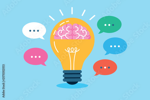 Light bulb with a brain inside and colorful speech bubbles for creative thinking and ideas Vector, illustration