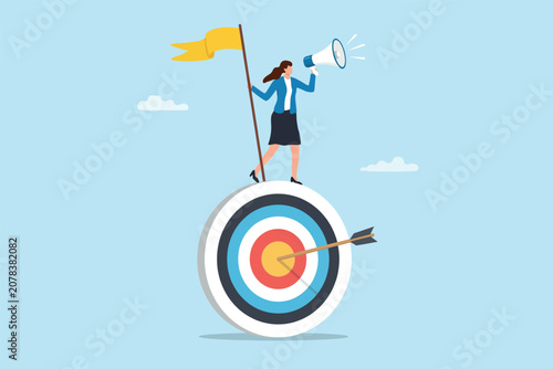 Business woman standing on a big target holding a yellow flag and using a megaphone to announce Vector, illustration