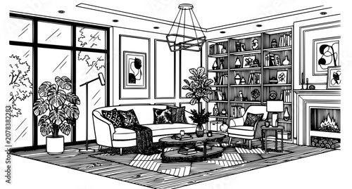 Elegant Black and White Living Room Interior Sketch Vector Illustration with Luxury Furniture Fireplace and Architectural Line Art