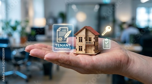 Human hand holding tiny wooden house model with digital tenant agreement document icon plus key and checklist symbol palm.