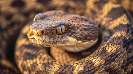 Close up portrait of a coiled rattlesnake shows its detailed scales and focused eye.
