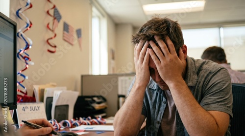 Stressed young man sitting at office desk with head in hands feeling overwhelmed and burnt out at work during holiday season