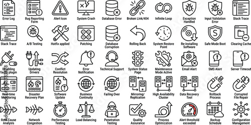 System troubleshooting icons collection for error handling, debugging, recovery, monitoring and technical support workflow design