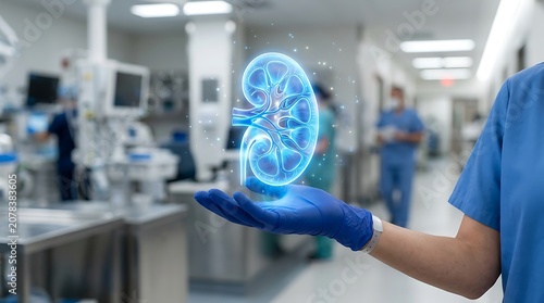 Medical professional holding glowing blue kidney hologram inside hospital corridor with blurry staff members walking behind.