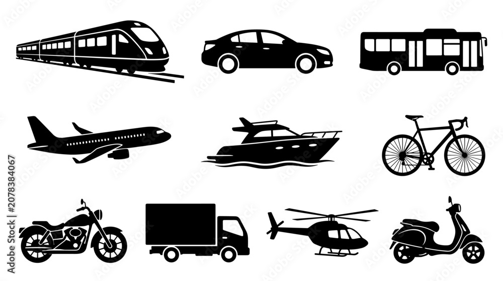 Obraz premium Collection of black transportation icons including train airplane car bus yacht bicycle motorcycle truck helicopter scooter