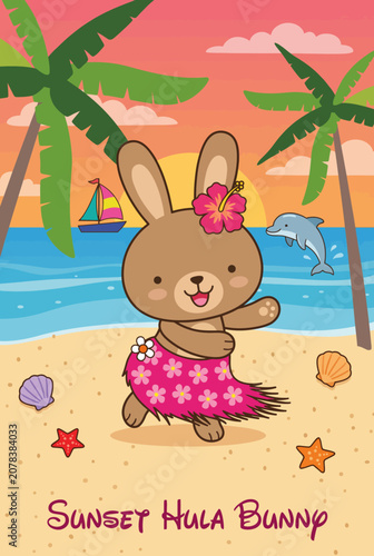 This adorable cartoon bunny enjoys a sunny day on the beach, wearing a floral skirt and surrounded by elements like palm trees, shells, and a playful dolphin in the ocean backdrop.