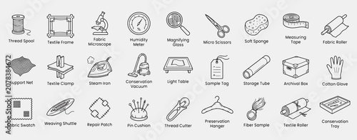 Textile Conservation Equipment Hand-Drawn Monoline Icon Set Collection. Including Thread Spool, Textile Frame, Fabric Microscope, Conservation Brush, Humidity Meter, and More.
