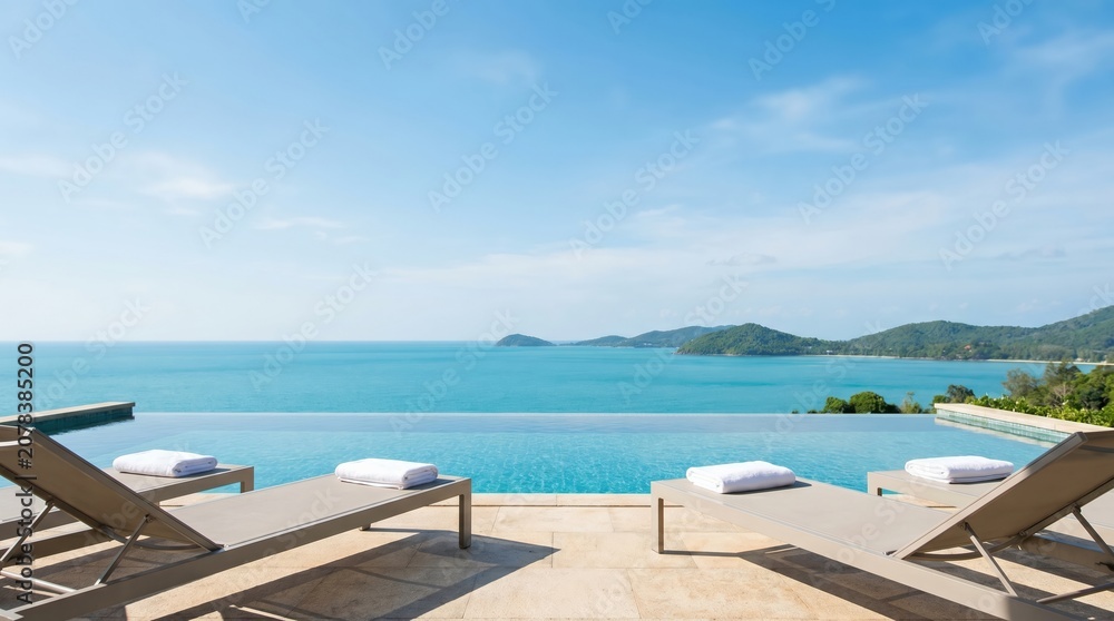 Fototapeta premium Luxury Infinity Pool Overlooking Tropical Ocean View with Lounge Chairs for Vacation Relaxation and Summer Travel Concept