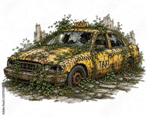 Abandoned Post Apocalyptic Taxi Covered with Overgrown Vines High Detail Doodle Vector Illustration Isolated on White Background