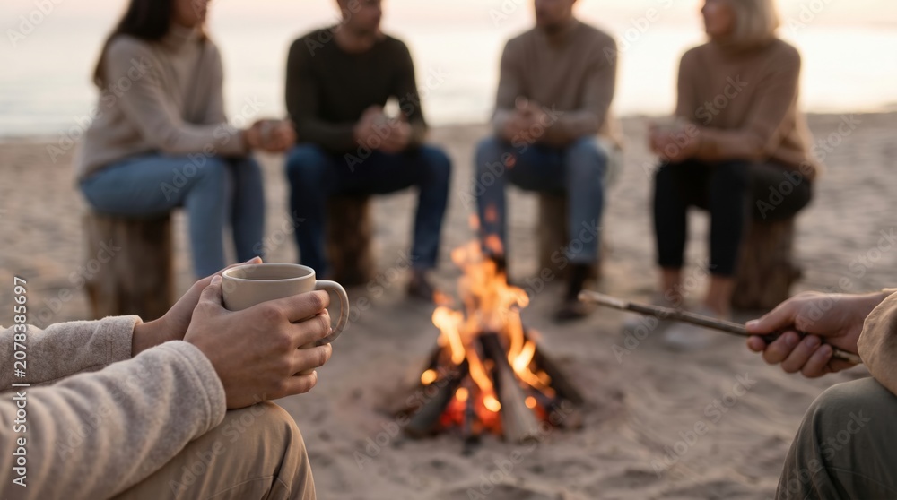 Obraz premium Group of young adult friends sitting around a campfire on a beach at sunset, enjoying warm drinks and conversation, cozy autumn evening lifestyle