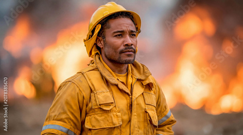 Firefighter in protective gear stands focused in front of a large blaze during an emergency operation