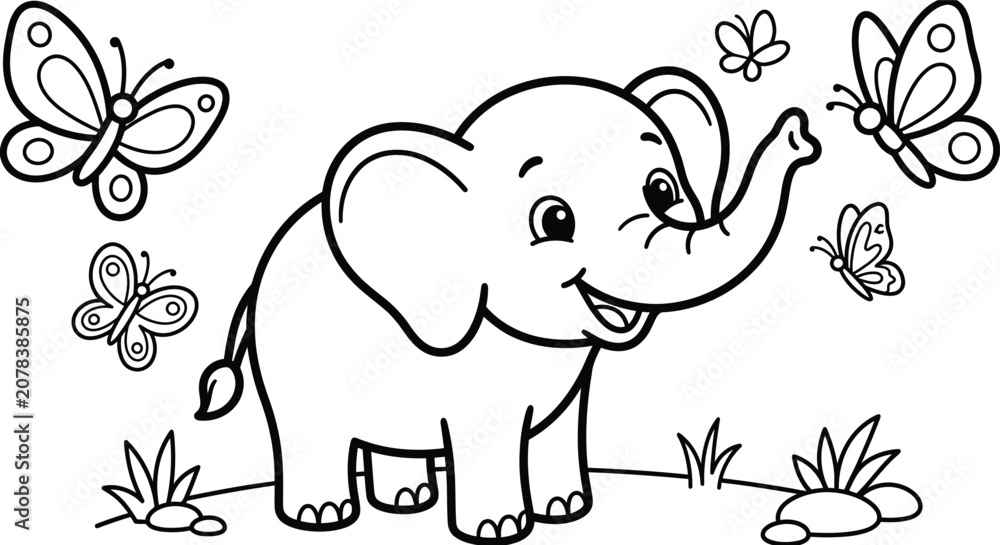 Obraz premium Halloween WiCute Baby Elephant Coloring Page - Happy Elephant with Butterflies Line Arttch Surfer Girl Silhouette - Surfing on Ocean Waves Vector