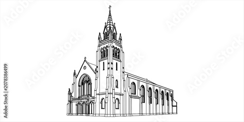 Valokuva Black and white line drawing of a gothic church building