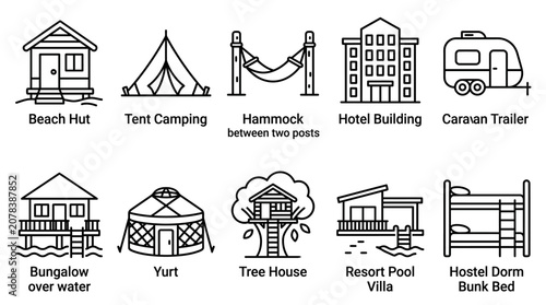 Set of ten linear accommodation and travel lodging icons.