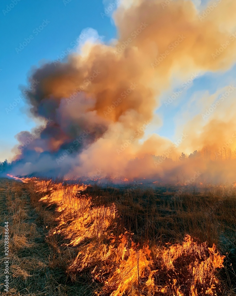 Fototapeta premium A wide shot of a prescribed fire raging across a landscape, with flames licking at the ground and dark smoke rising into a bright blue sky, showcasing nature's power.