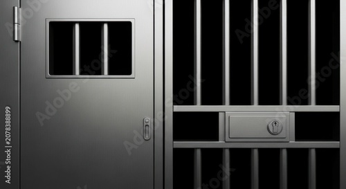Close up of a modern prison cell door with steel bars and lock
