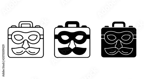 Disguised Briefcase Icons, Masked Suitcase Symbols, Secret Identity Luggage Vector Set