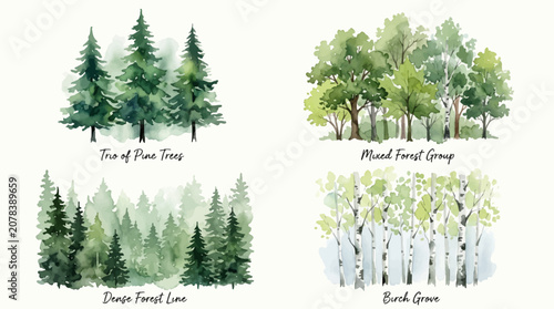 Watercolor forest tree collection featuring pine woods and birch grove illustrations.