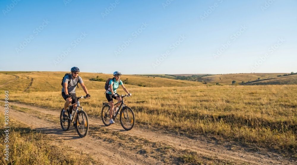 Fototapeta premium Active Caucasian couple cycling on mountain bikes along a rural dirt trail in a sunny grassy meadow landscape for fitness and travel