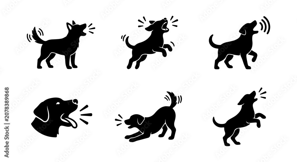 Obraz premium Dog Barking Sound Icons, Canine Vocalization Silhouettes, Pet Communication Vector Set