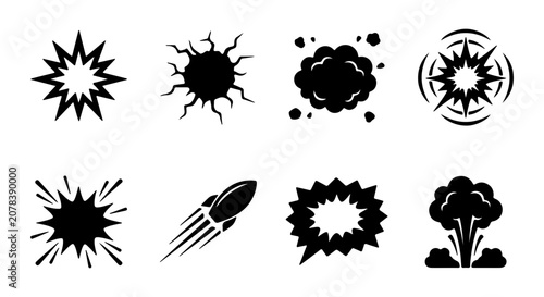 Explosion Comic Style Icons, Blast Effects, Boom Shapes, Vector Art Set