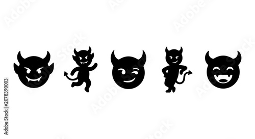 Black Devil Emoticons Vector Icons, Mischievous Character Faces, Spooky Halloween Symbols, Cartoon Demon Expressions