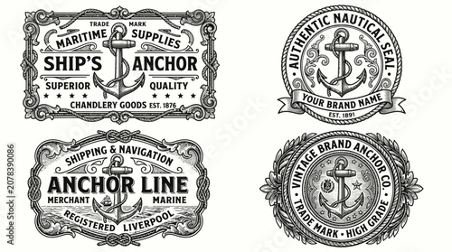Set of four vintage nautical anchor emblems and labels.