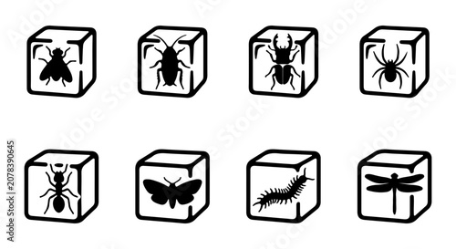 Bild auf Leinwand Insect Icons in Ice Cubes, Vector Set of Eight Bug Graphics, Entomology and Pest