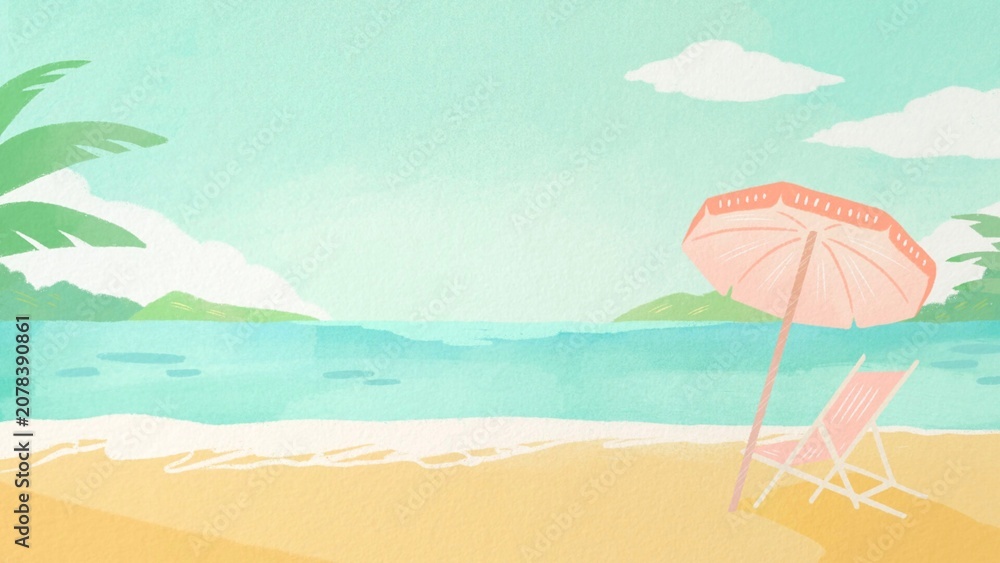Fototapeta premium Summer Beach Scene with Pink Umbrella and Chair, Tropical Island View, Ocean Waves and Palm Tree