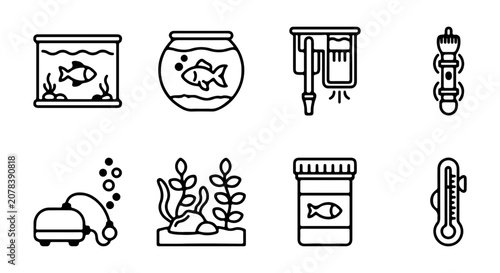 Aquarium Equipment Icons Set, Fish Tank Accessories Vector Graphics, Pet Care Supplies Collection