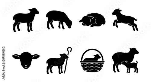 Schilderij op canvas Sheep Icons Set, Farm Animals Vector Silhouettes, Livestock Graphics, Cute Lamb