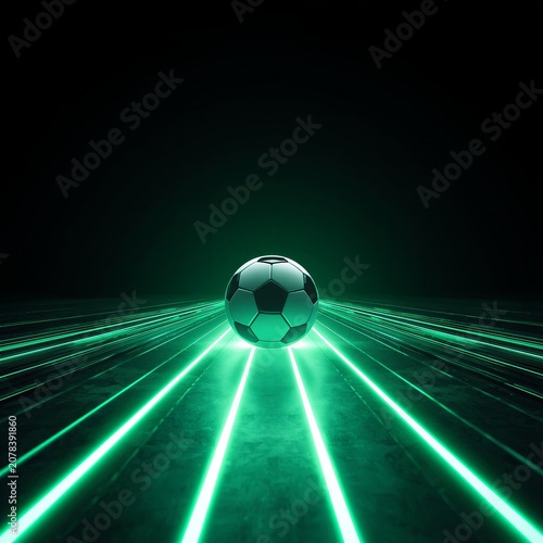 Futuristic glowing neon light trails leading to a soccer ball on a dark background with abstract motion blur